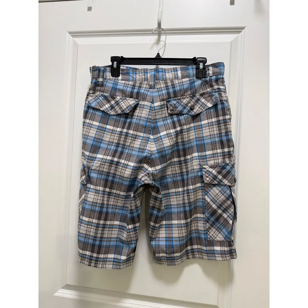 Pacific Blue Mens Plaid Cargo Shorts Blue Grey White Size 34 Relaxed Fit Utility